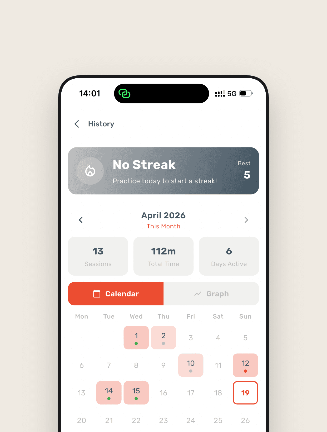 Breathey app screen — history